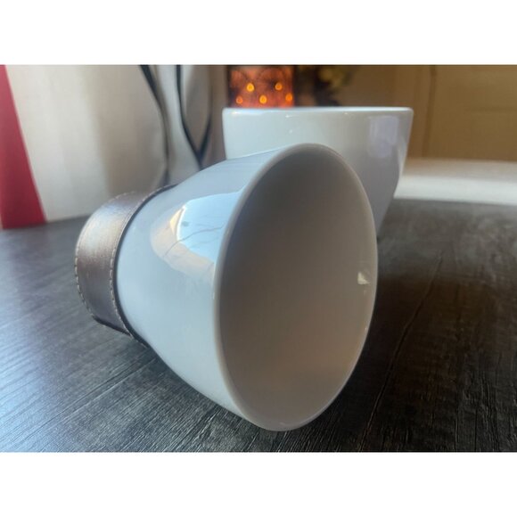 Pair White Ceramic Mugs Cups Brown Faux Leather Stitched Sleeves contemporary - Picture 2 of 7